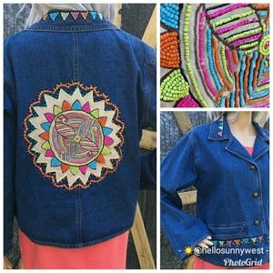Emma G L/XL Beaded Embroidered Denim Jean Jacket